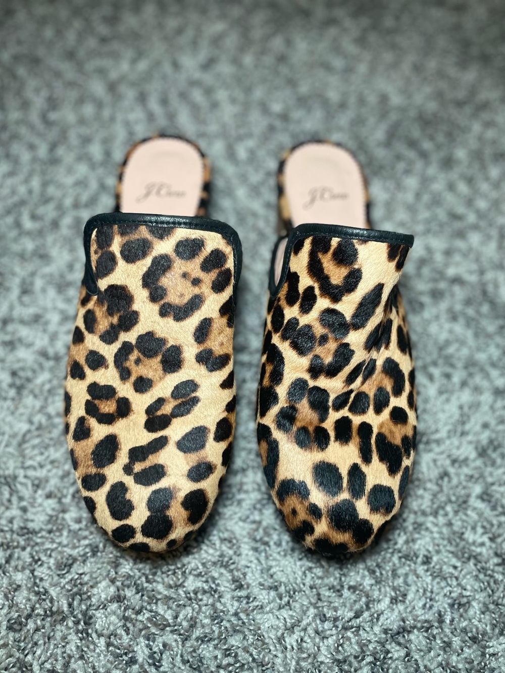 J Crew Leopard Print Calf Hair Wood Clog Leather Slip On Studded Mules Sz 8.5